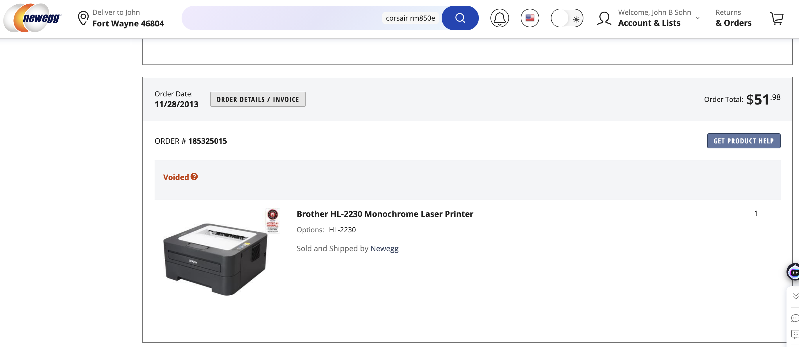 Newegg order screenshot
