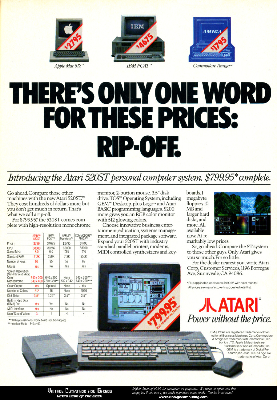 Atari ST “Rip-Off” ad comparing it to Apple, IBM, and Amiga